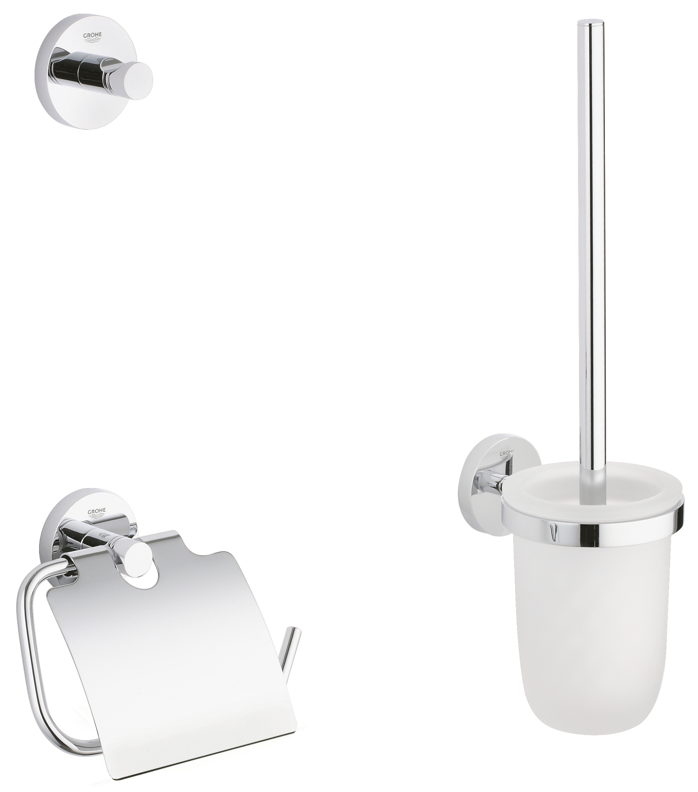 Set Grohe 40407001, 3 piese, 1 role hartie, 1 cuie, pivotanta, pe perete, sticla, metal, elemente fixare ascunse, Crom