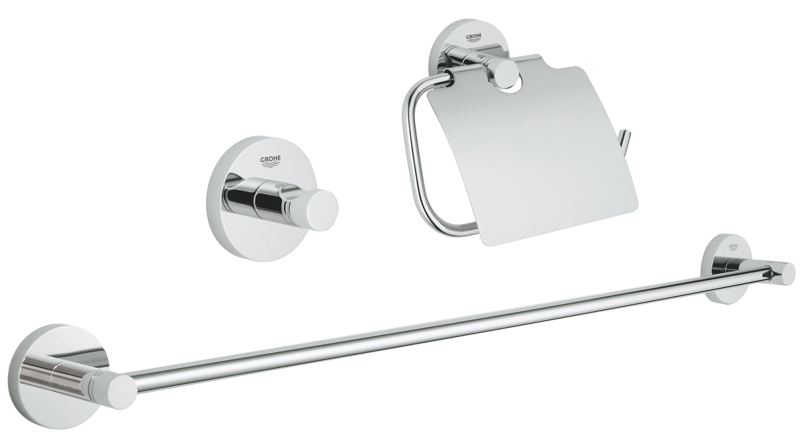 Set Grohe 40775001, 3 piese, 1 role hartie, 1 cuie, 1 rafturi, pivotanta, pe perete, metal, agatatoare, Crom