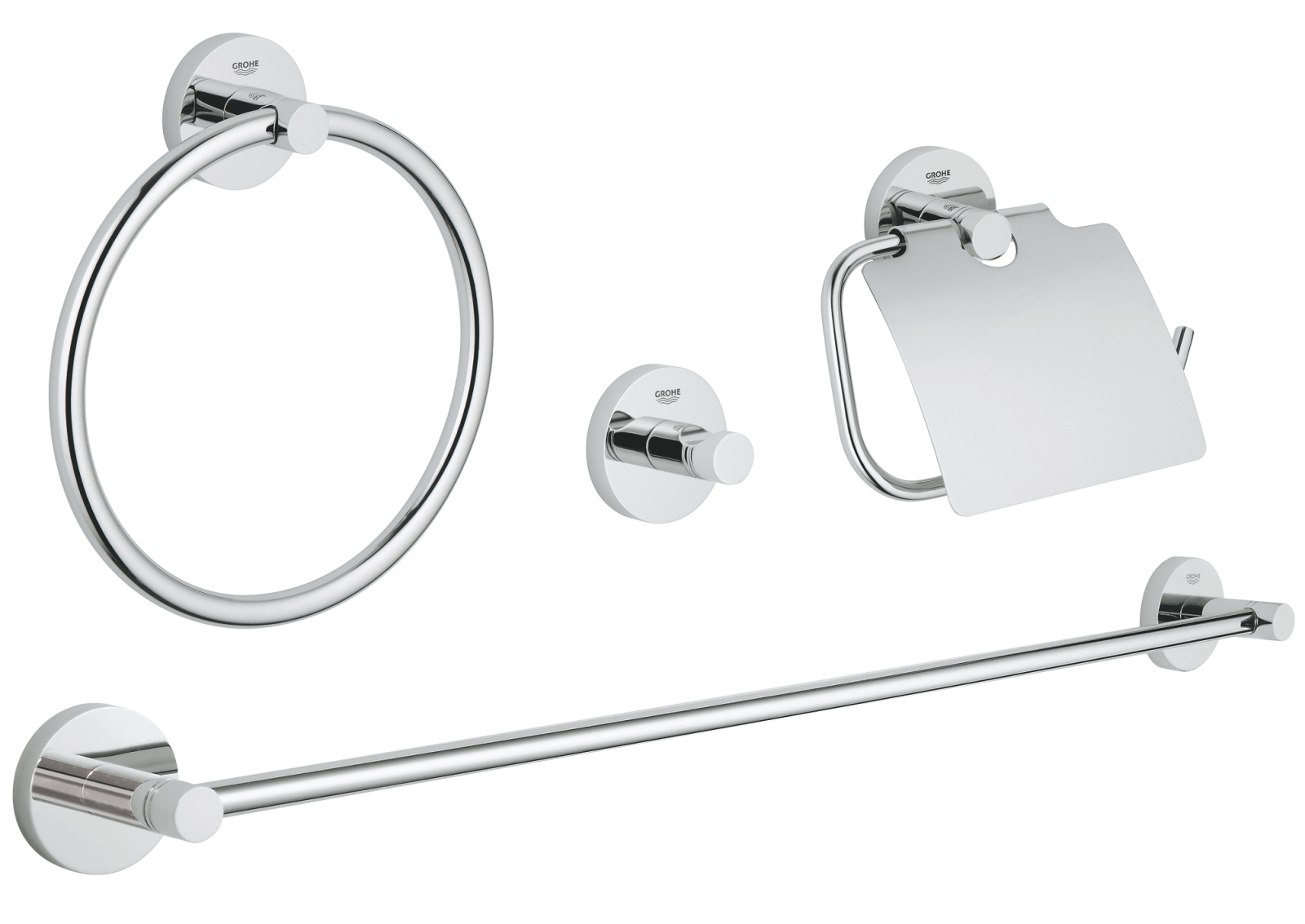 Set Grohe 40776001, 4 piese, 1 role hartie, 1 cuie, 1 rafturi, pivotanta, pe perete, metal, agatatoare, Crom