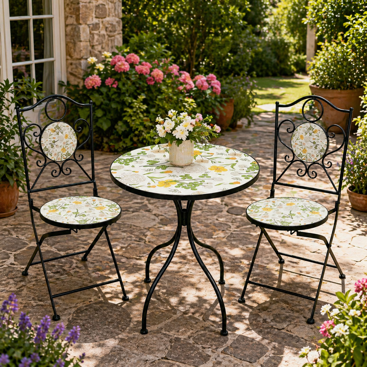 Set mobilier gradina Antos 3 piese, masa si 2 scaune pliabile, mozaic decorativ, metal, multicolor Brius 