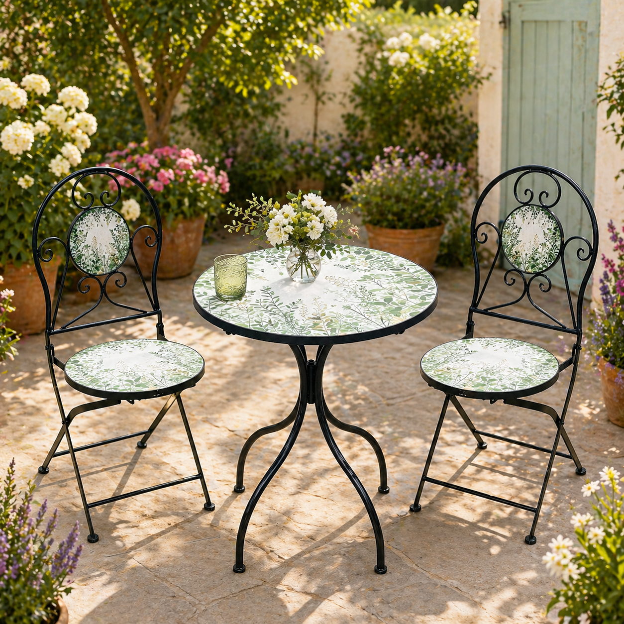 Set mobilier gradina Fylla 3 piese, masa si 2 scaune pliabile, mozaic decorativ, metal, multicolor Brius 