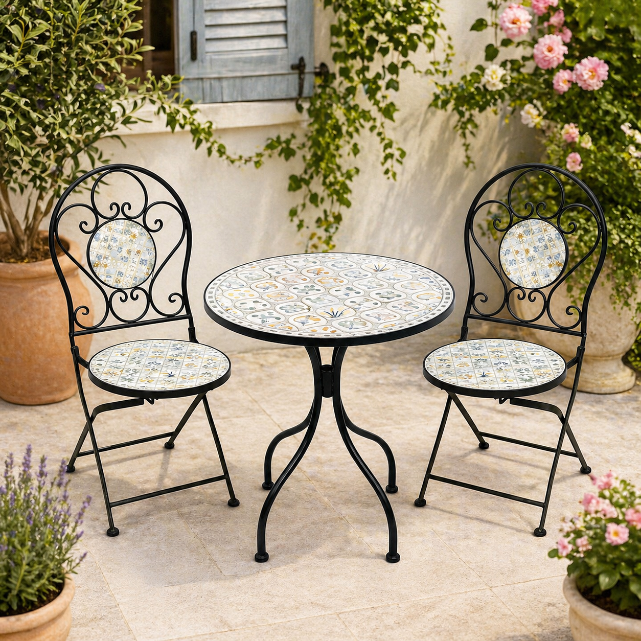 Set mobilier gradina Louloudia 3 piese, masa si 2 scaune pliabile, mozaic decorativ, metal, multicolor Brius 