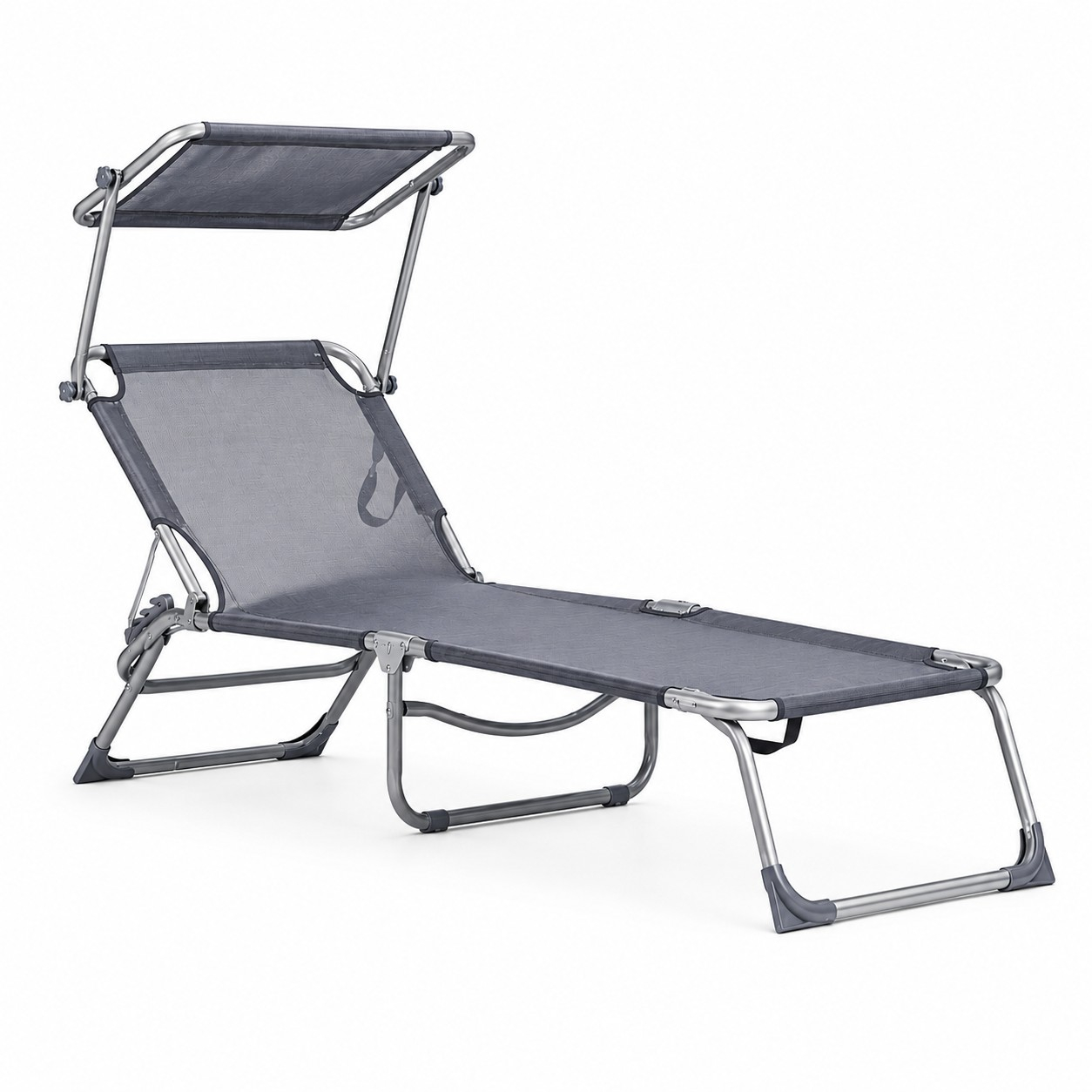 Sezlong pliabil cu parasolar, spatar reglabil, 178x57 cm, 150 kg, gri