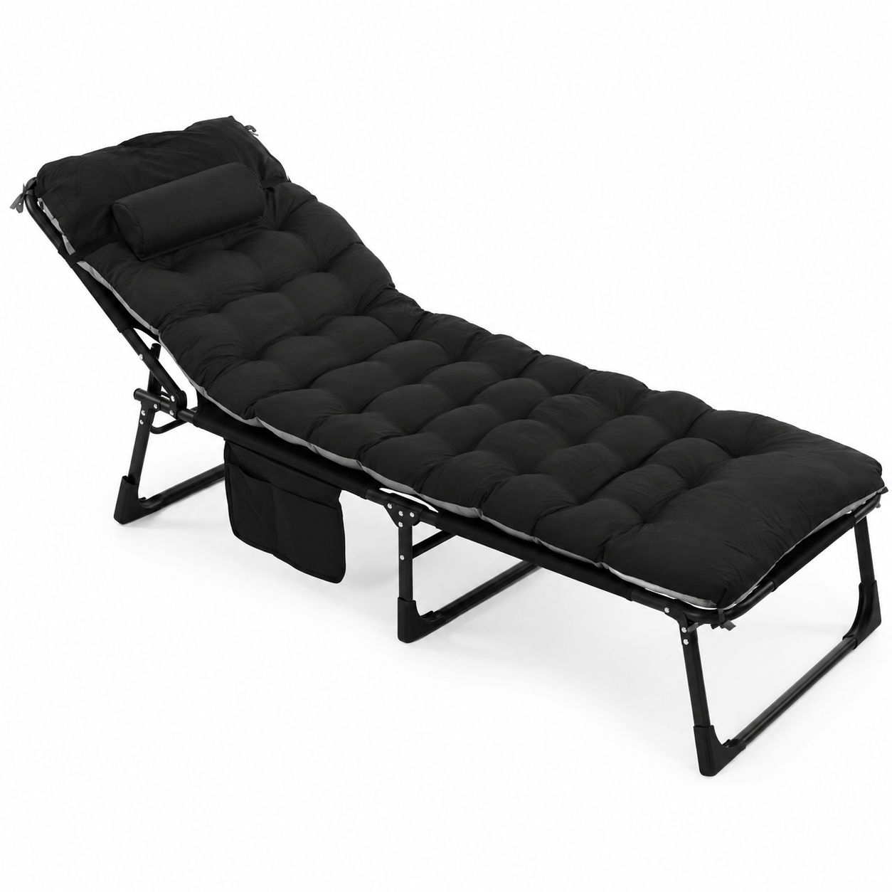 Sezlong pliabil gradina cu saltea confortabila si perna, reglabil 3 pozitii, buzunar lateral, maxim 120 kg, 175x57x71 cm, gri si negru