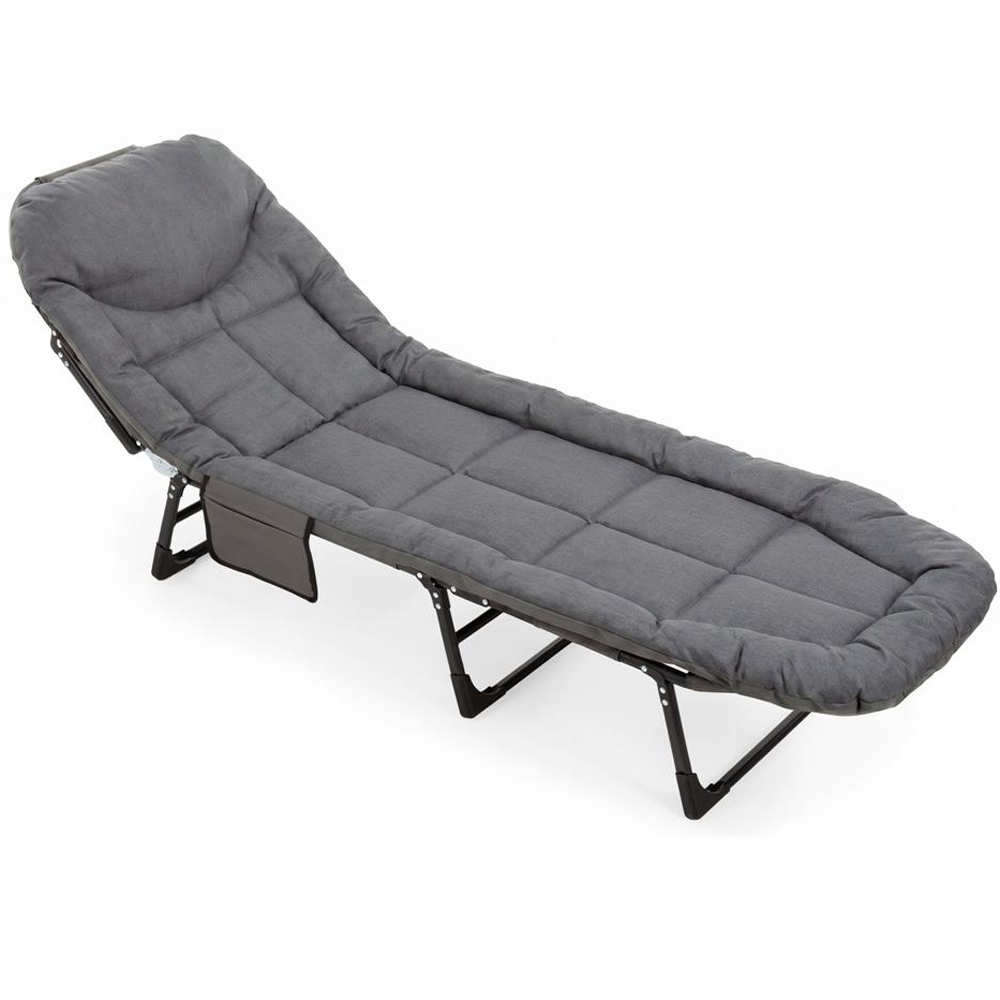 Sezlong pliabil pentru gradina, cu saltea, tetiera reglabila si buzunar lateral, 200x65x30 cm, 150 kg, gri