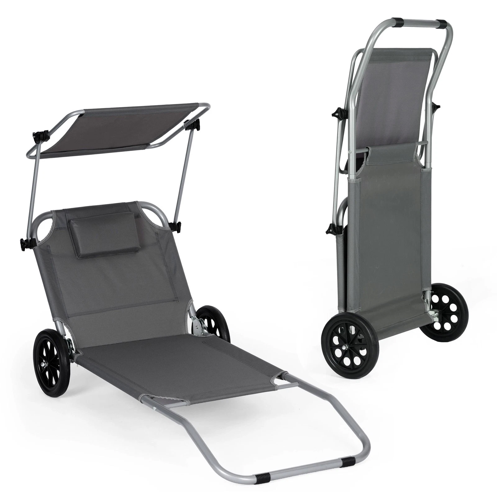 Sezlong pliabil pentru plaja cu roti, cadru metalic si tesatura oxford, parasolar si tetiera, 120 kg, gri