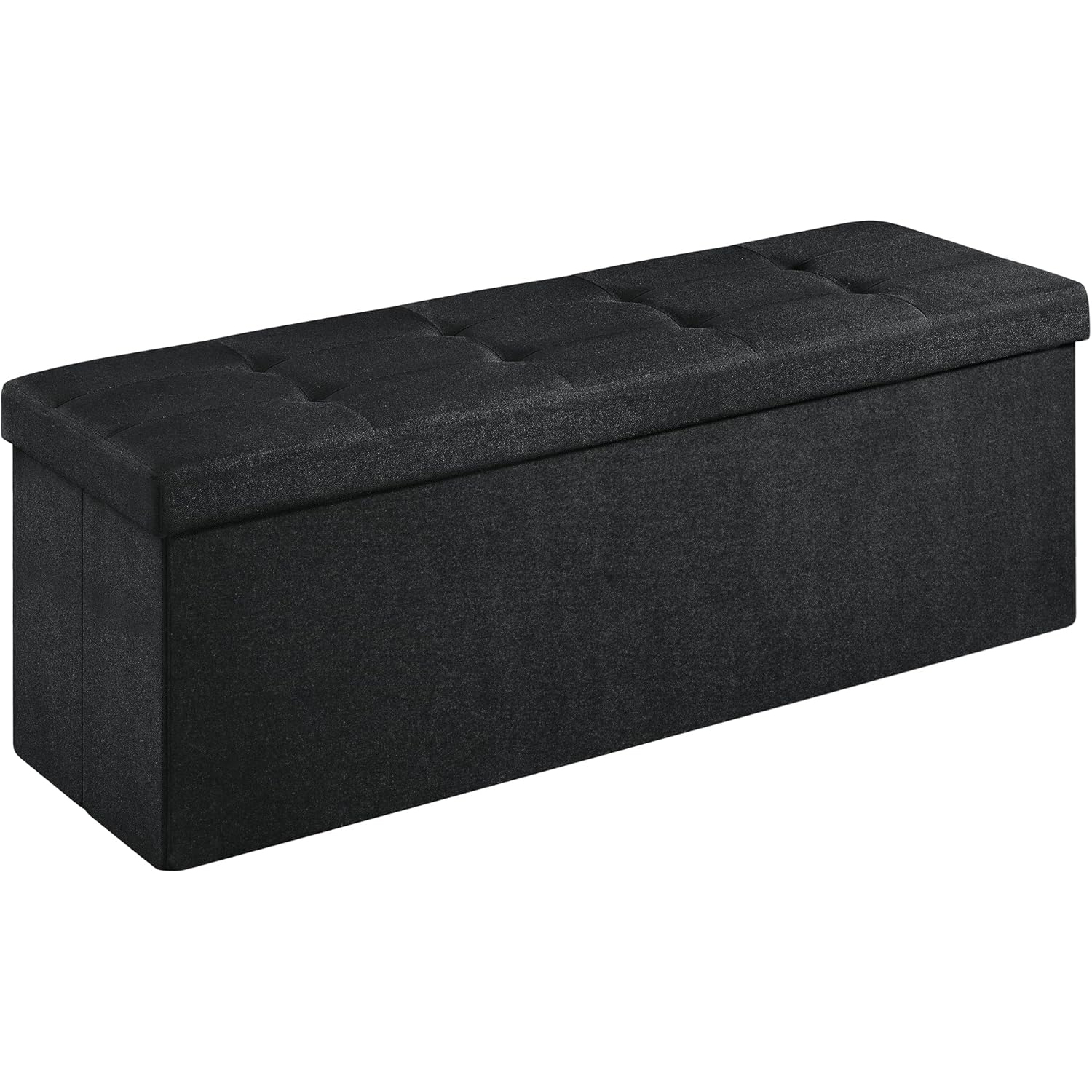 Bancheta pliabila cu spatiu de depozitare 110x38x38 cm, MDF si material textil, capacitate 300 kg, negru