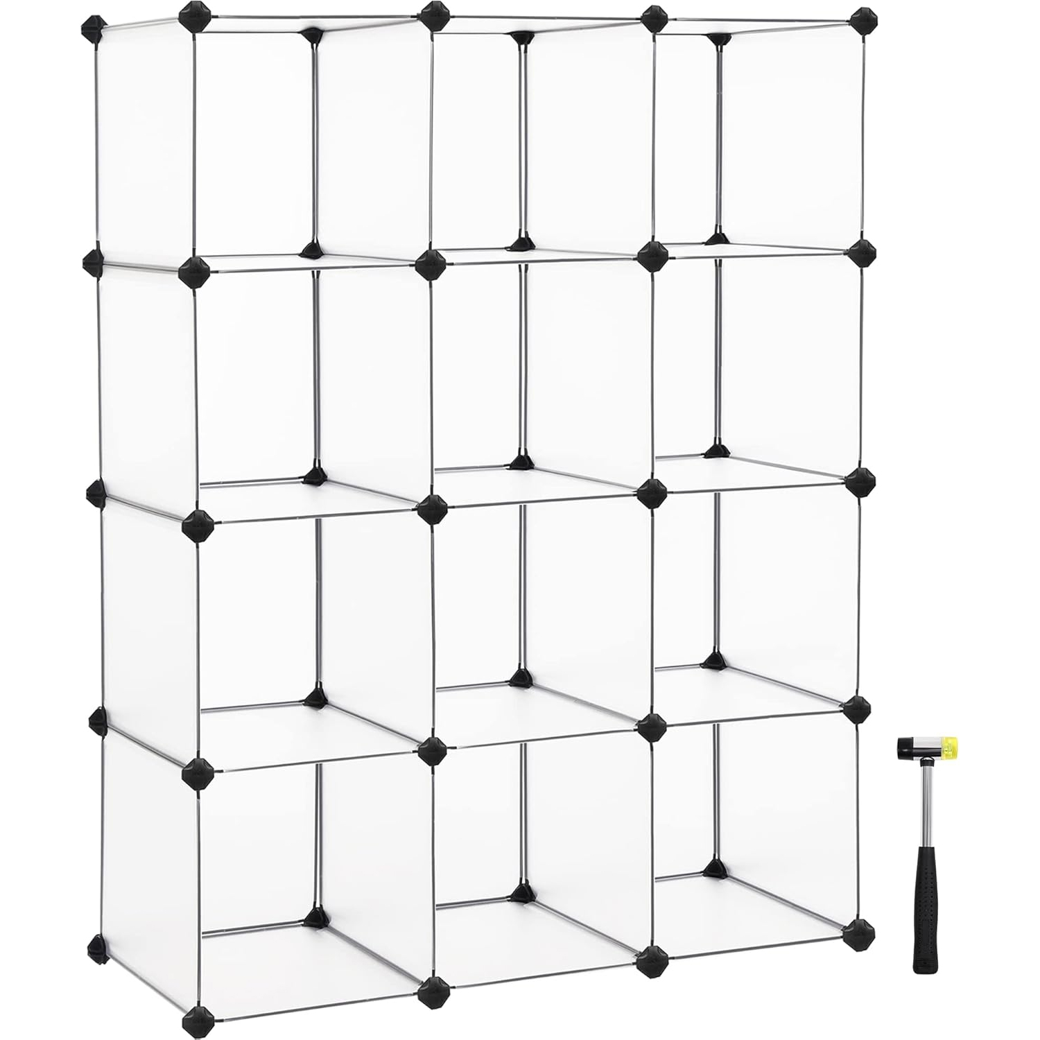Biblioteca modulara cu 12 compartimente, rafturi cubice din plastic, montaj rapid, 93x31x123 cm, alb transparent