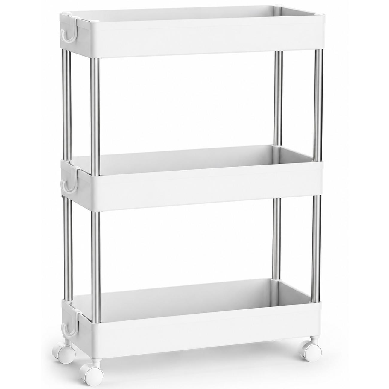 Carucior ingust de depozitare pe roti, pentru bucatarie sau baie, din plastic, cu 3 nivele, 42x14x61 cm, alb