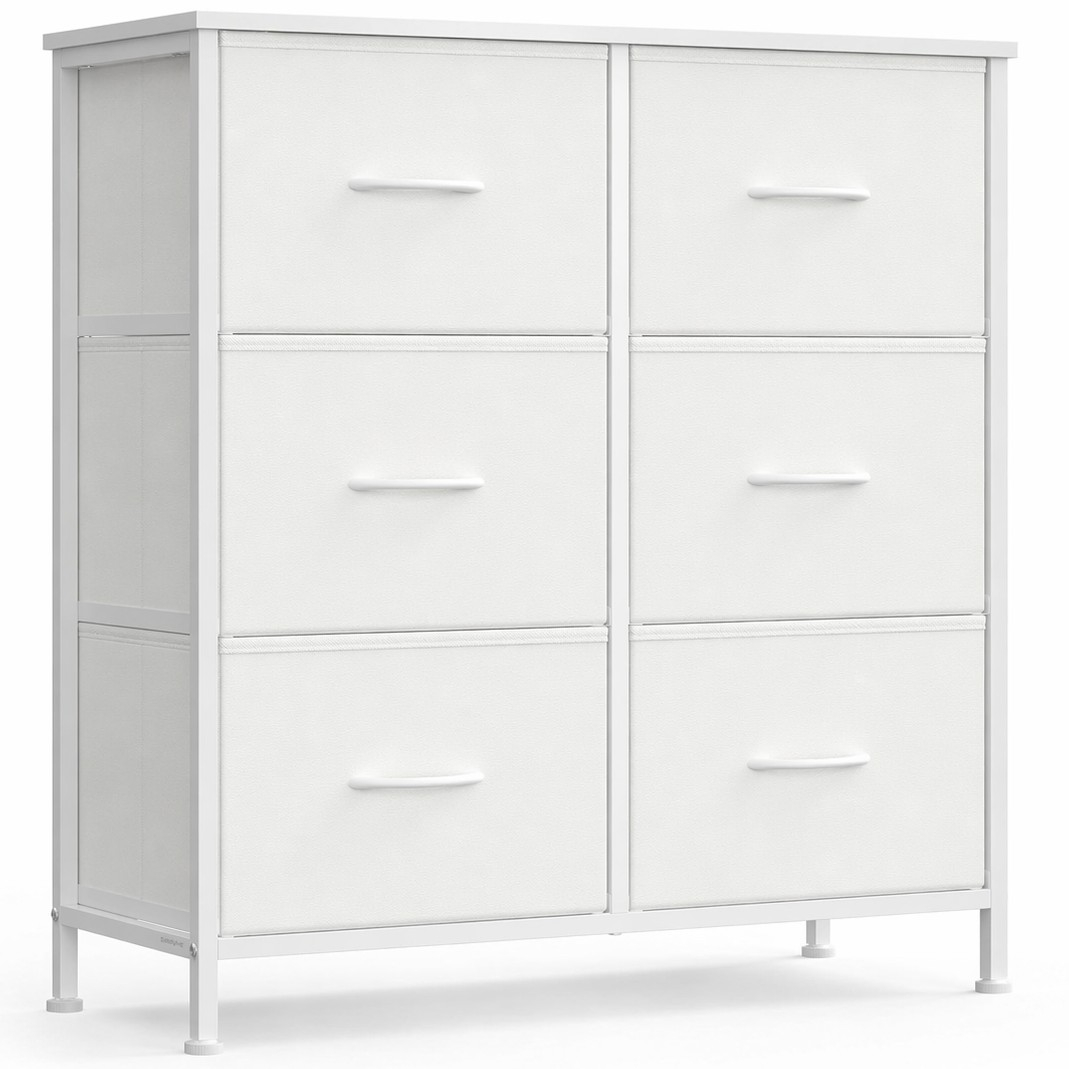 Comoda cu cadru metalic si blat MDF, 6 sertare textile, 77x30x74 cm, alb
