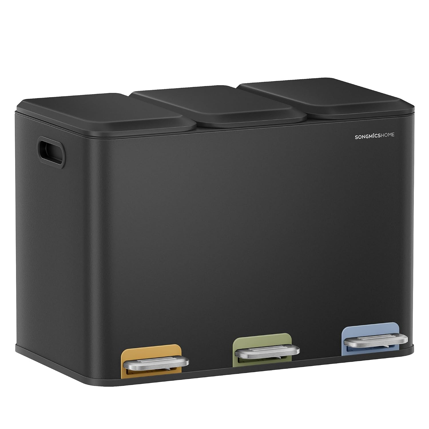Cos de gunoi pentru colectare selectiva, 45 L, cu 3 compartimente de 15 L si pedale colorate pentru sortarea deseurilor, capace cu inchidere