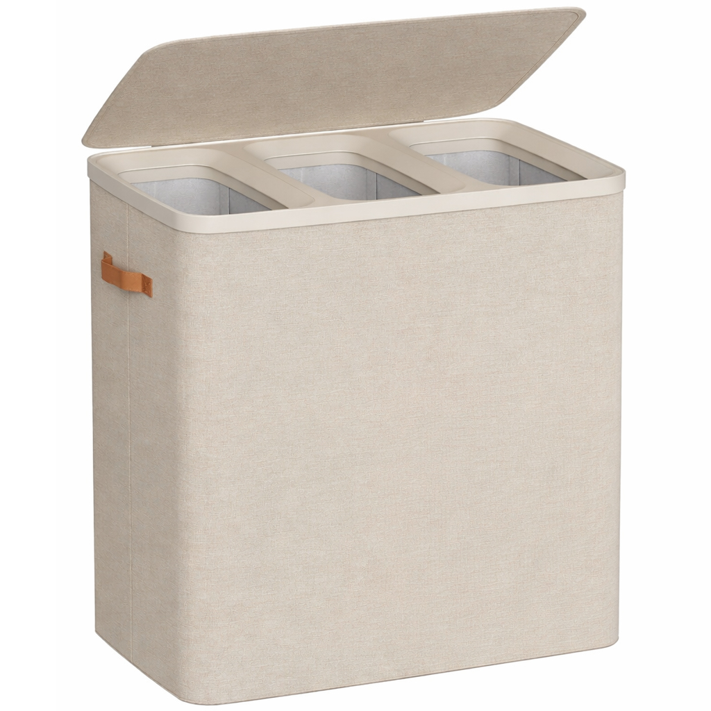 Cos rufe cu 3 compartimente si capac, saci detasabili cu maner, 190 litri, 64x40x75 cm, bej