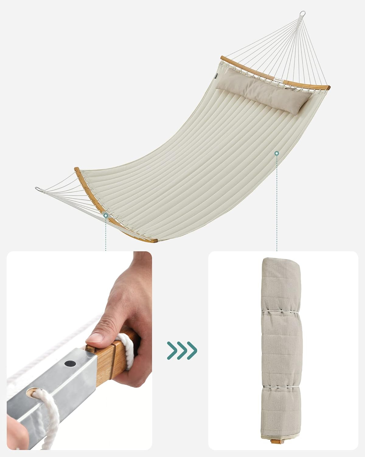 Hamac dublu cu bare curbate din bambus, perna inclusa, maxim 225 kg ...