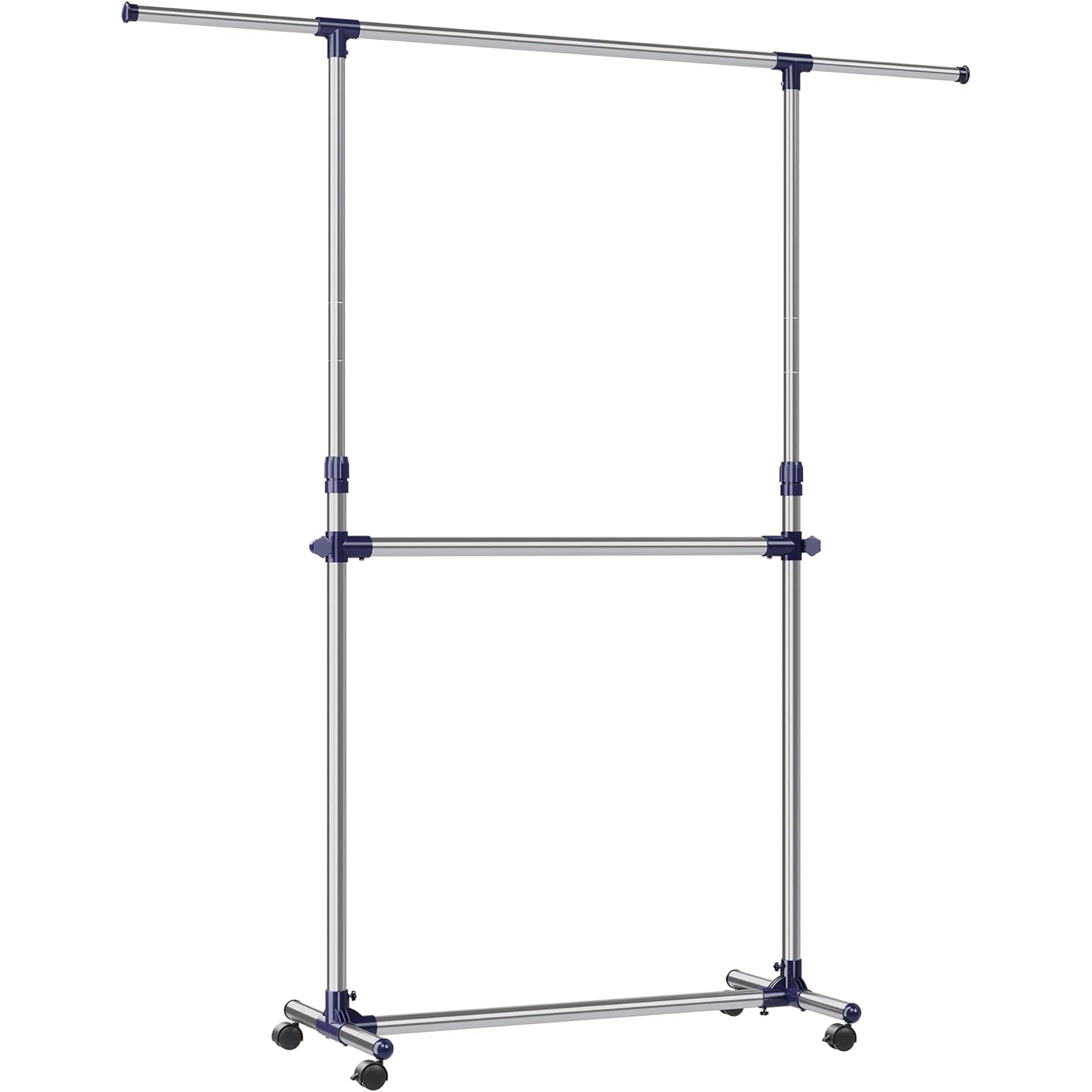 Suport pentru haine cu sina superioara extensibila 101-165 cm, pe roti, reglabil in inaltime 113-180 cm, argintiu