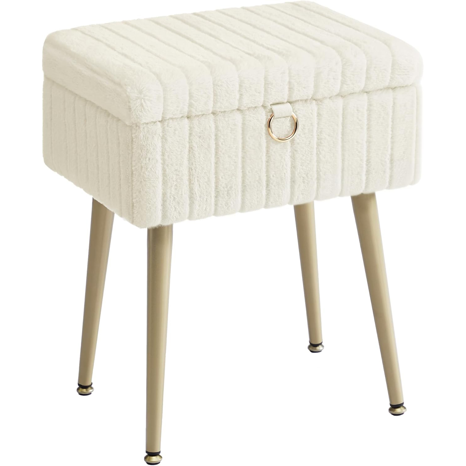 Taburet cu spatiu de depozitare si picioare metalice, tapitat, maxim 200 kg, 40x30x50 cm, alb crem