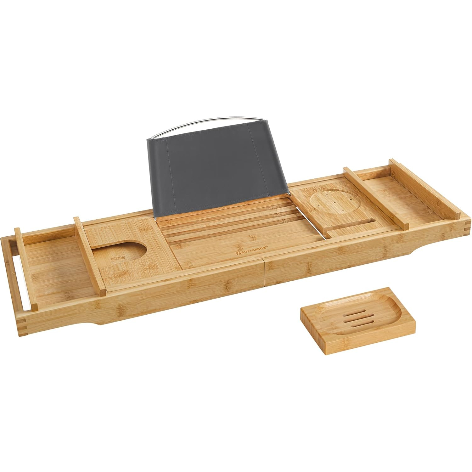 Tava extensibila pentru cada din bambus, cu suport pentru carte, pahar si sapun, (75-109)x23x5 cm, natur