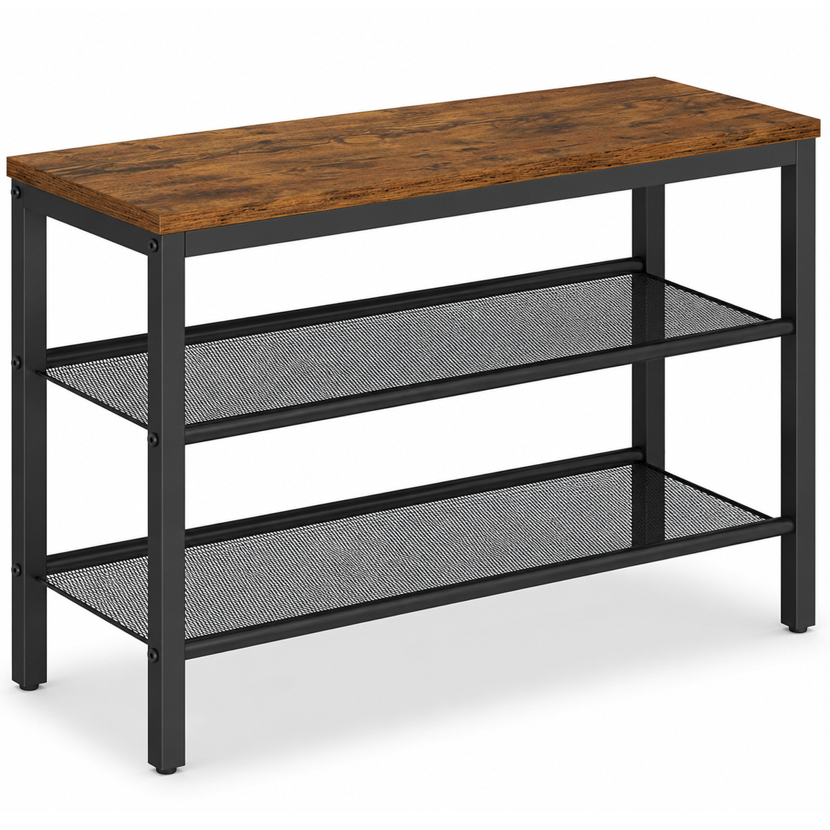 Banca pentru pantofi 3 rafturi, cu polite metalice si blat PAL, cadru otel, 75x28x50 cm, maro rustic