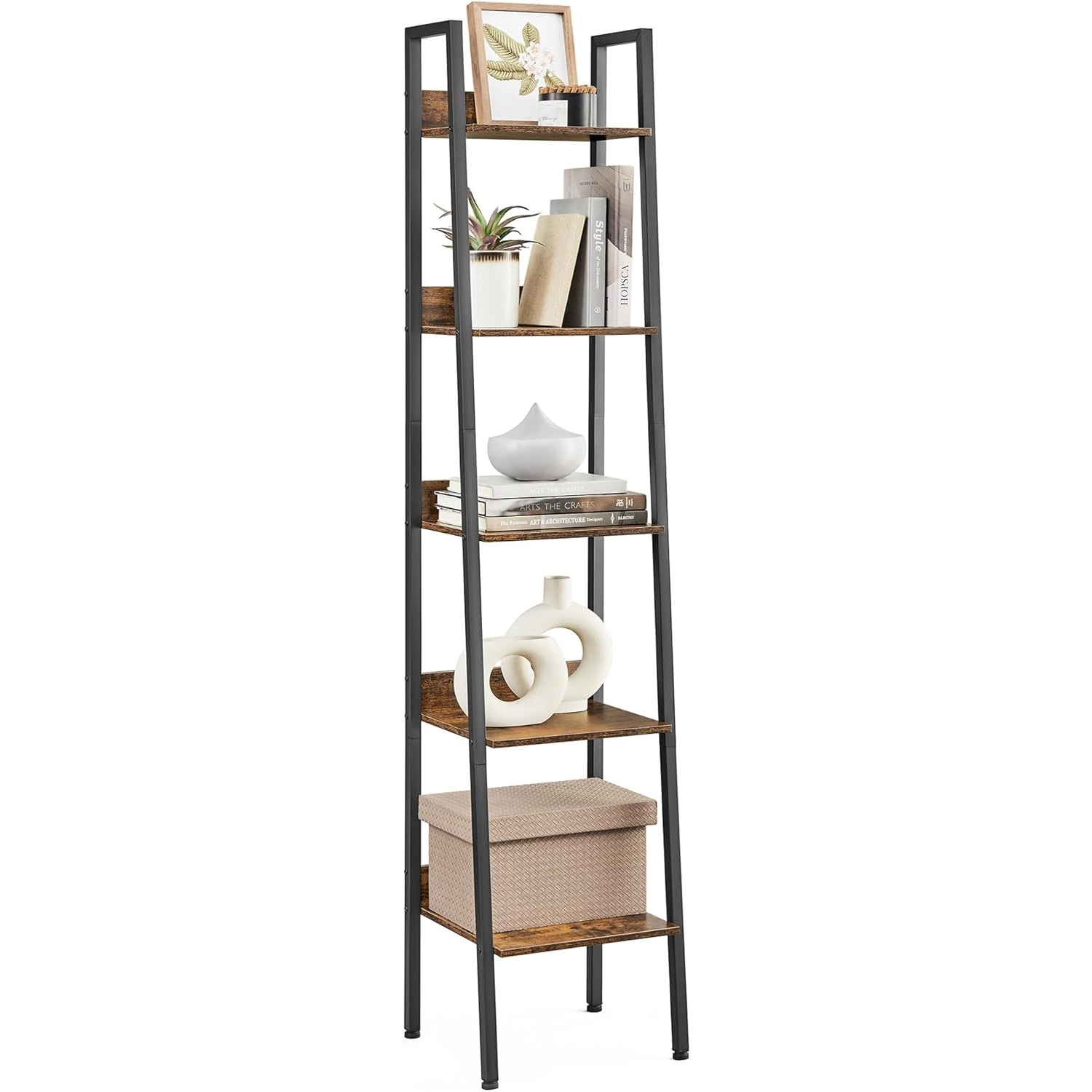 Biblioteca tip scara cu 5 rafturi, design industrial, cadru metalic si rafturi din PAL, 34x30x170 cm, maro rustic
