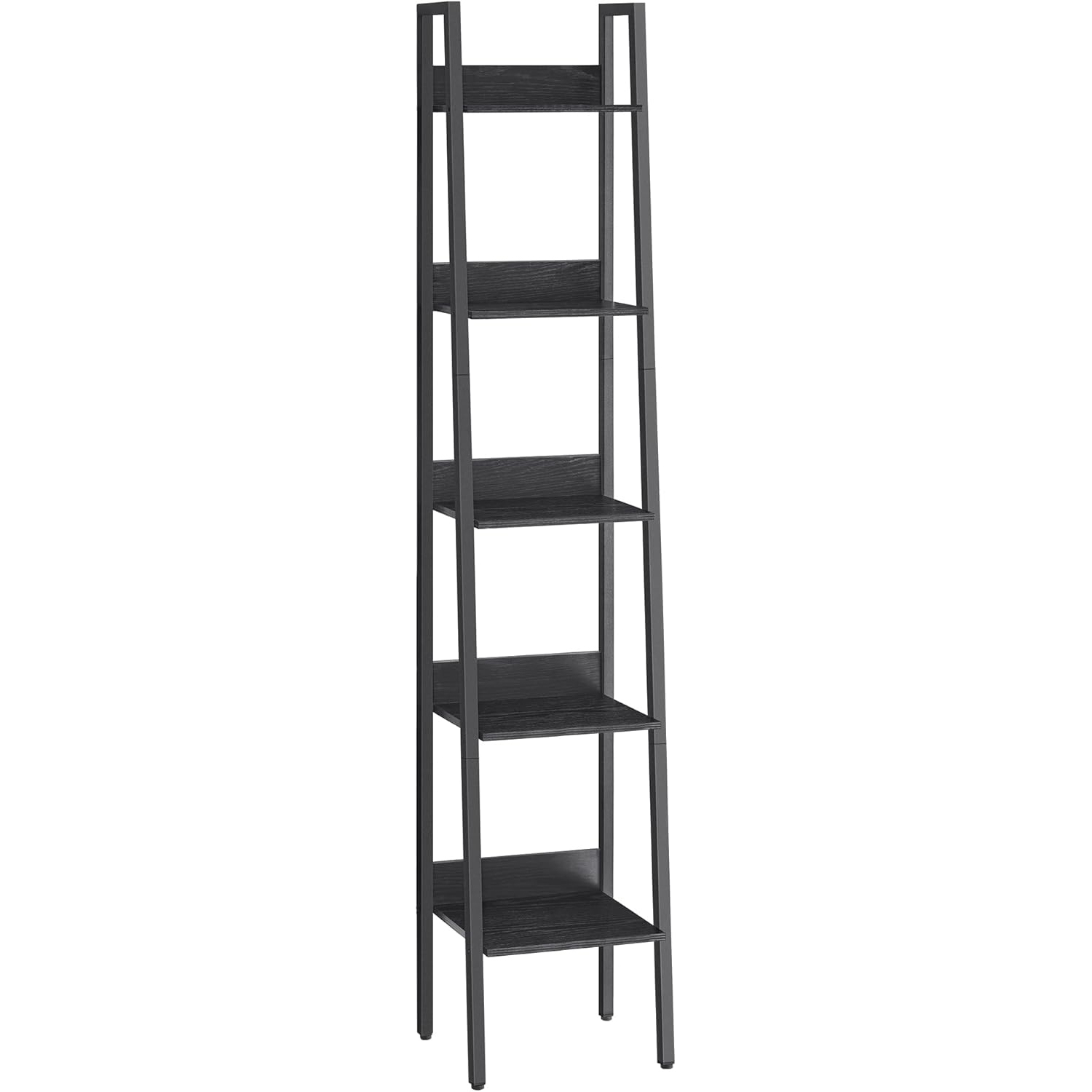 Biblioteca tip scara cu 5 rafturi, design industrial, cadru metalic si rafturi din PAL, 34x30x170 cm, negru