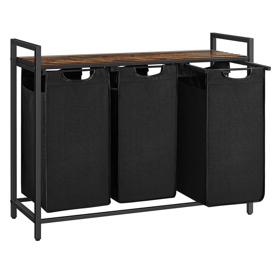 Cos rufe 3 compartimente saci detasabili raft metalic, 93x33x72 cm, organizare practica, maro negru