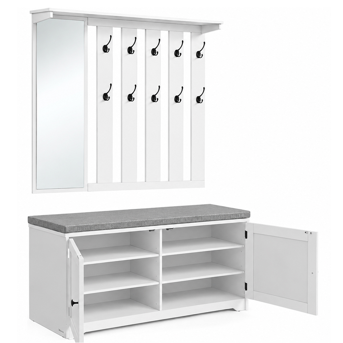 Cuier hol cu pantofar si oglinda, piese separate, 10 carlige duble, banca cu sezut captusit, PAL, 101x40 cm, alb