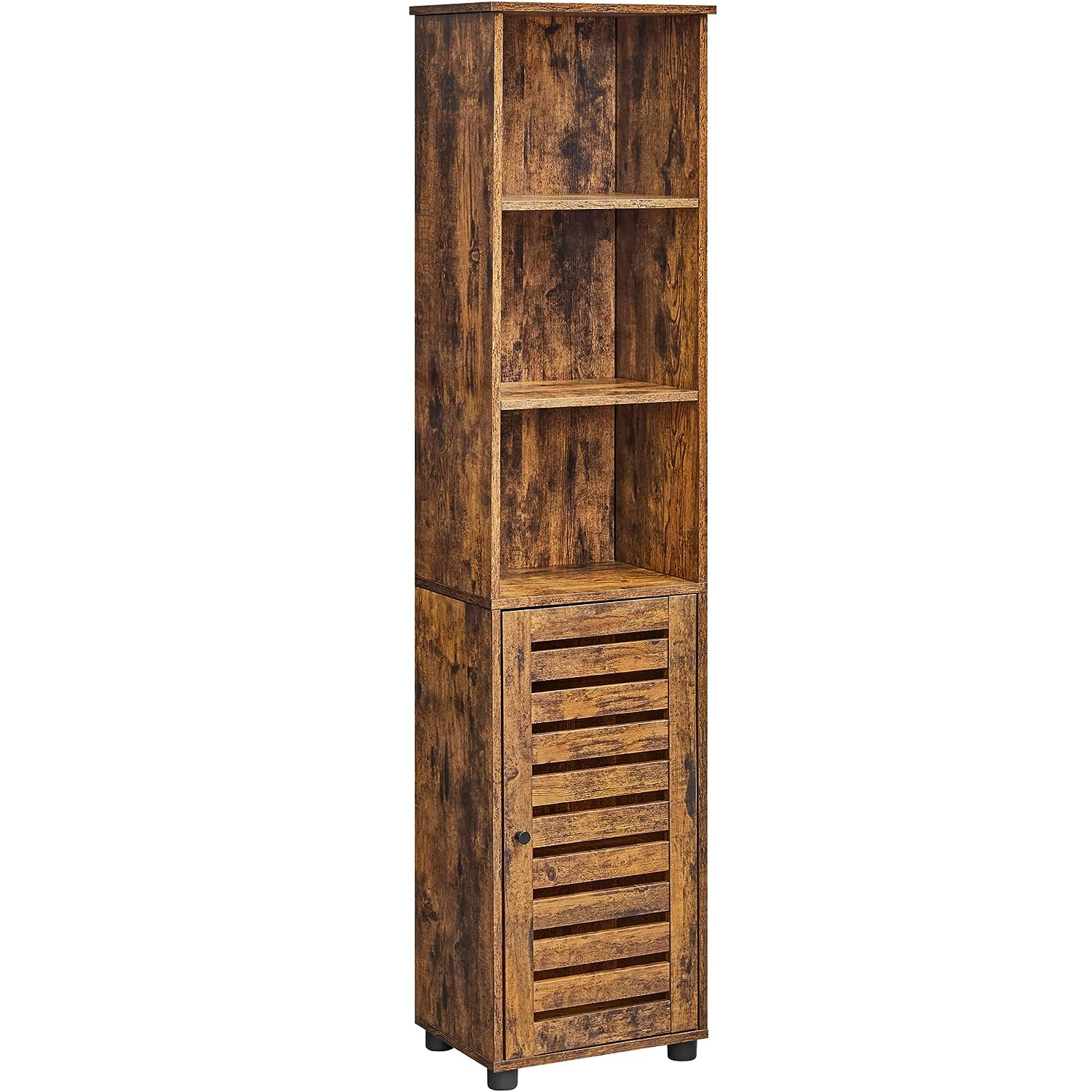 Dulap baie 3 compartimente deschise usa depozitare, 40x30x167 cm, design vintage, maro