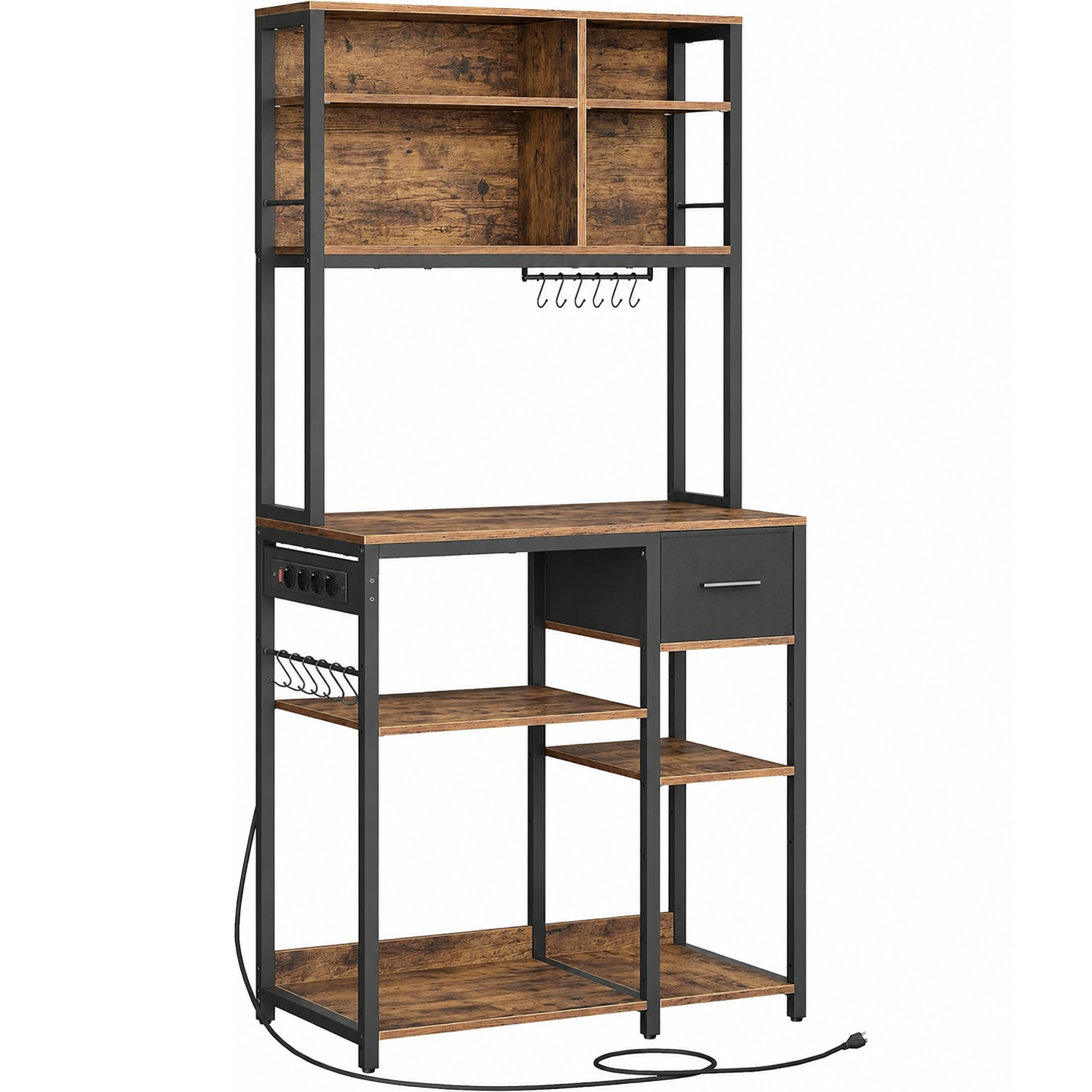 Raft bucatarie cu sertar si 12 carlige, 4 rafturi reglabile, 4 prize incorporate, stil industrial, 80x40x180 cm, maro rustic