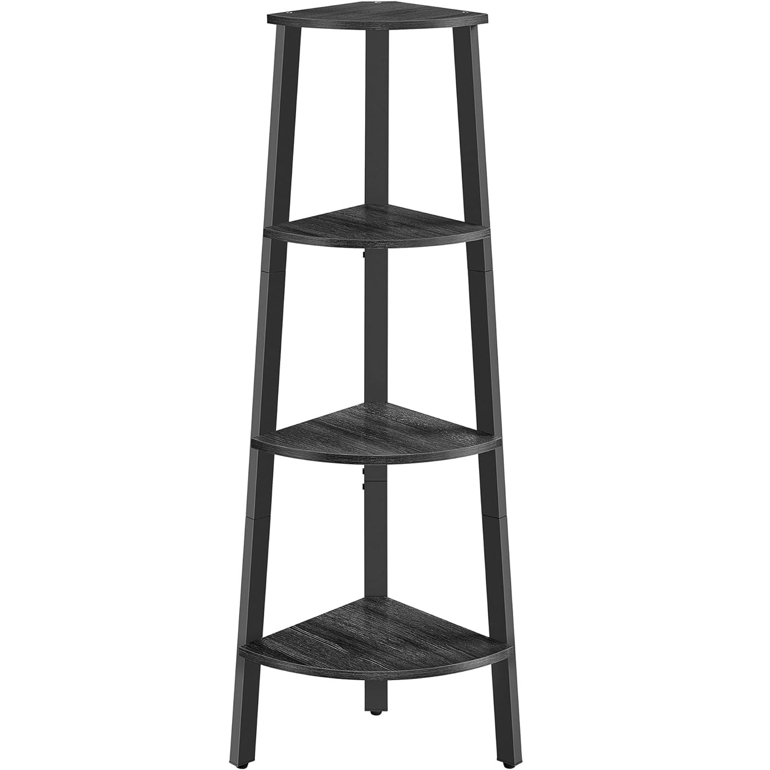 Raft de colt cu 4 etaje, tip biblioteca, cadru metal si polite lemn, 34x34x125 cm, negru
