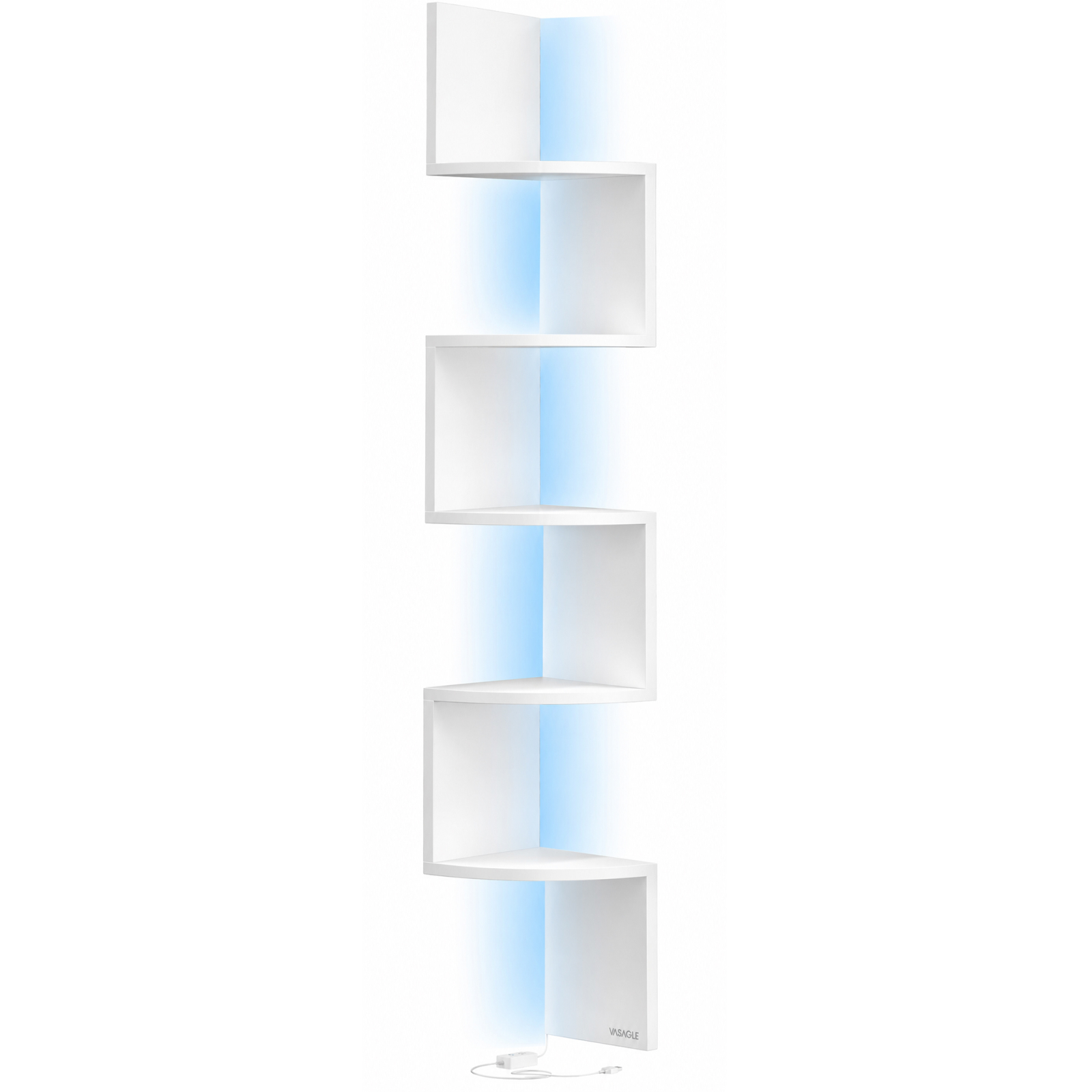 Raft de colt suspendat cu iluminare LED reglabila multicolor si intensitate, 5 polite tip zig-zag, 20x20x126 cm, alb