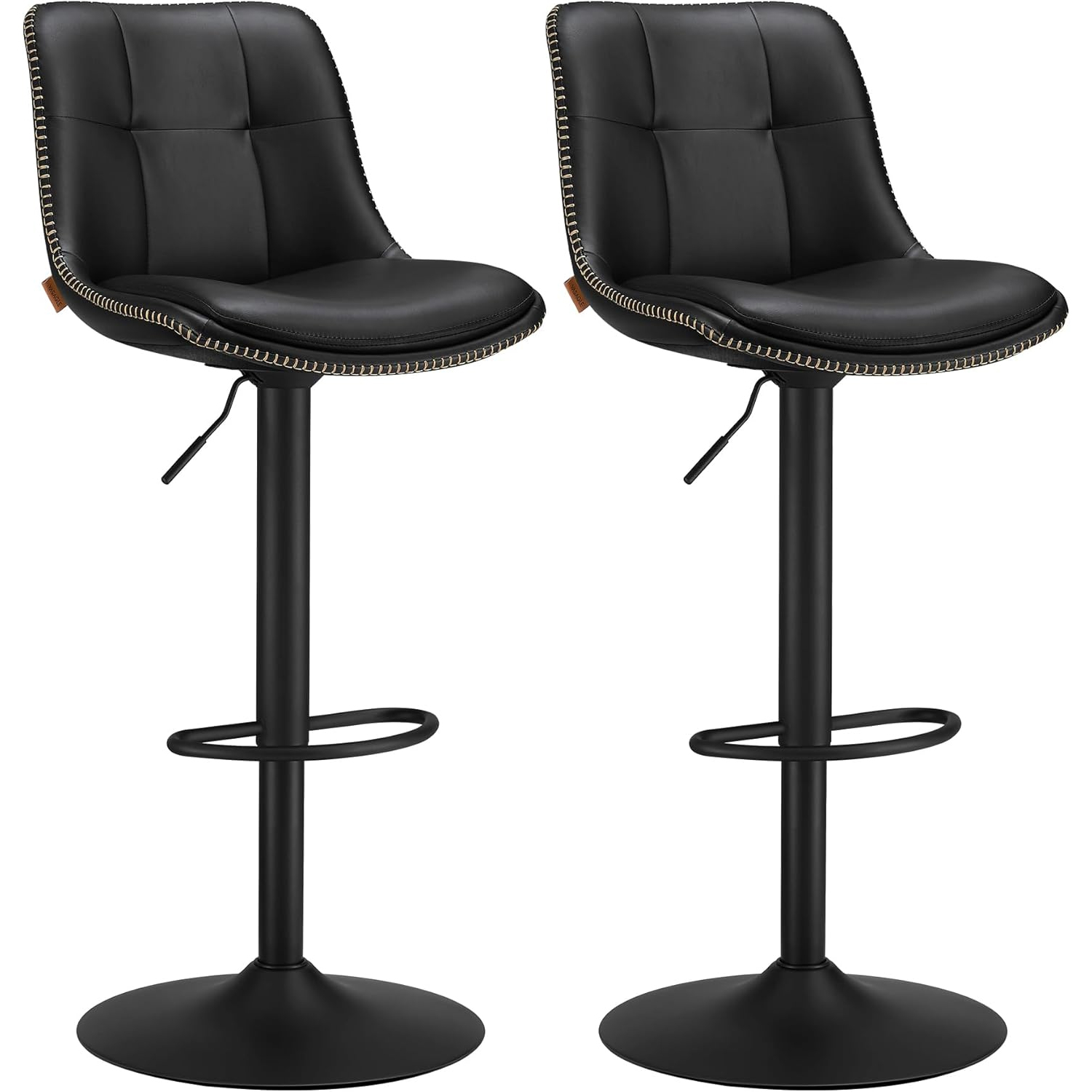 Set 2 scaune bar reglabile pe inaltime, rotative 360A , cu spatar si suport pentru picioare, tapiterie PU, 44x38x(90-112) cm, negru