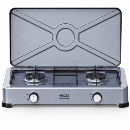 Plite & Aragazuri - Aragaz portabil cu 2 arzatoare HAEGER DOUBLE COOK, anticoroziv, aluminiu, Dimensiuni 580x295x115mm, Suprafata emailata usor de curatat, Manere decorative inox, Argintiu
