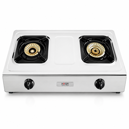 Plite & Aragazuri - Aragaz portabil cu 2 arzatoare HAEGER SAFINE PLUS, 90/110mm, Aprindere automata, Economie de energie pana la 30%, Baza pentru oale mari, Anticoroziv, Alb