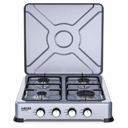 Plite & Aragazuri - Aragaz portabil cu 4 arzatoare HAEGER QUAD COOK, Dimensiuni 500x500x115mm, Anticoroziv, Aluminiu,Suprafata usor de curatat, Manere decorative inox, Argintiu