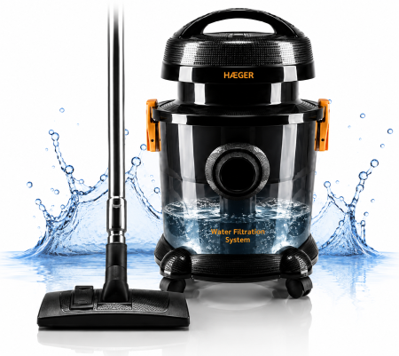 Aspiratoare - Aspirator cu fitrare prin apa HAEGER AQUACLEAN 1200, Putere 1200W, Rezervor apa 9L, Capacitate sac aspirare uscata 7L, Filtrare cu apa recomandata persoanelor cu alergii, Tub telescopic din inox, Negr