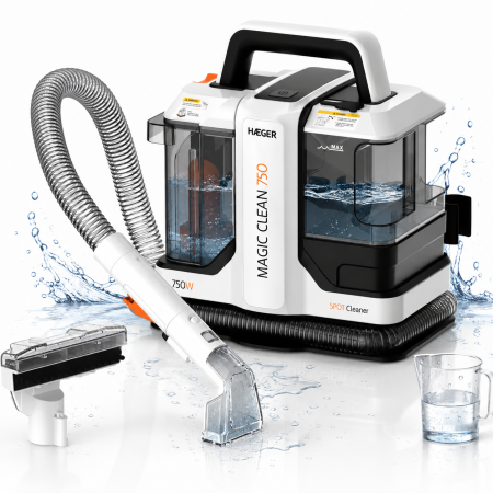 Aspiratoare - Aspirator cu spalare prin injectie-extractie HAEGER MAGIC CLEAN 750, Putere 750W, Rezervor dublu 1080ml/850ml, compact, Functie auto curatare, pentru covoare, canapele, tapiterie, Alb