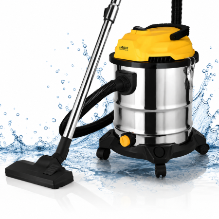 Aspiratoare - Aspirator cu filtrare in apa si absortie lichide HAEGER WORK FORCE 20, Putere 1200W, Capacitate 20L, Functie de golire rezervor si suflare aer, filtru lavabil, Galben