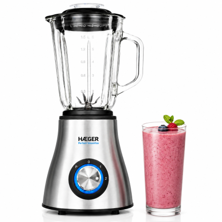 Mixere, tocatoare & roboti de bucatarie - Blender HAEGER PERFECT SMOOTHIE, 600W, Capacitate 1.5L, Sfarama gheata perfect, 2 viteze si Pulse, Otel inoxidabil, Bol sticla, Argintiu