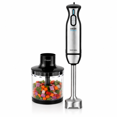 Mixere - Blender vertical cu tocator HAEGER EXTREME CHOPPER, Set tocator inclus (lama titan 54mm), Putere 1000W, Functie Turbo putere maxima, Piese detasabile usor de curatat, Argintiu