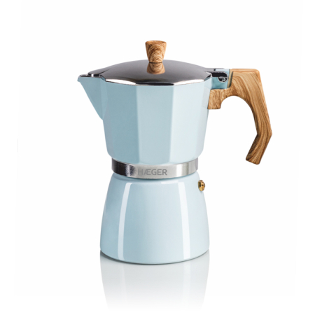 Espressoare si cafetiere - Cafetiera Moka HAEGER MOKA POT 6, Capacitate 6 cesti, Corp din aluminiu, Compatibila cu gaz/electric/vitroceramica, Supapa de siguranta, Albastru
