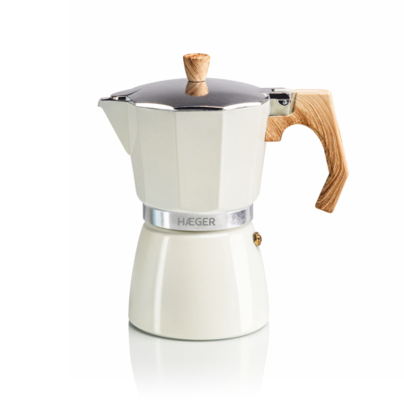 Espressoare si cafetiere - Cafetiera Moka HAEGER MOKA POT 6, Capacitate 6 cesti, Corp din aluminiu, Compatibila cu gaz/electric/vitroceramica, Supapa de siguranta, Bej