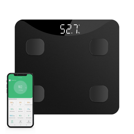 Ingrijire personala - Cantar inteligent HAEGER INTELISCALE, Bluetooth, Aplicatie IOS si Android, 4 senzori, greutate maxima 180 kg, Masa musculara, Grasime corporala, nivel de hidratare, Negru