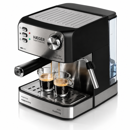 Espressoare si cafetiere - Espressor de cafea HAEGER SUPER ESPRESSO, Presiune 20 bar (pompa ULKA Italia), Cafea macinata si capsule, 1.6L, Extractie intensa cu aroma bogata, Incalzire cesti, Argintiu