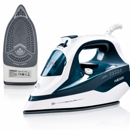 Fiare, statii & aparate de calcat cu abur - Fier de calcat cu abur HAEGER VAPOUR PRO, Talpa ceramica, 2700W, Jet abur pana la 75g/min, Sistem anti-calcar si auto-curatare, Abur vertical, Albastru