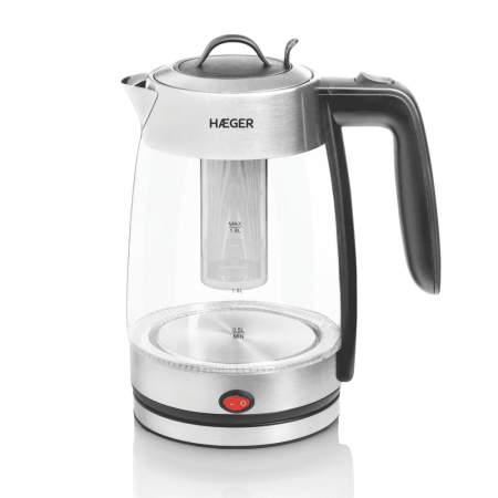 Fierbatoare - Fierbator electric HAEGER PERFECT TEA, Capacitate 1,8 L, Putere 2200 W, Vas din sticla, Baza rotativa 360 grade, Oprire automata, Fara fir, Argintiu