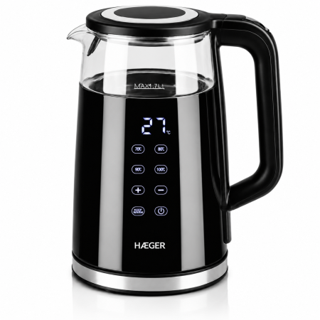 Fierbatoare - Fierbator HAEGER DIGIGLASS, Capacitate 1.7L, Putere 2200W, Control digital temperatura cu 5 functii, Pereti dubli din sticla, Negru