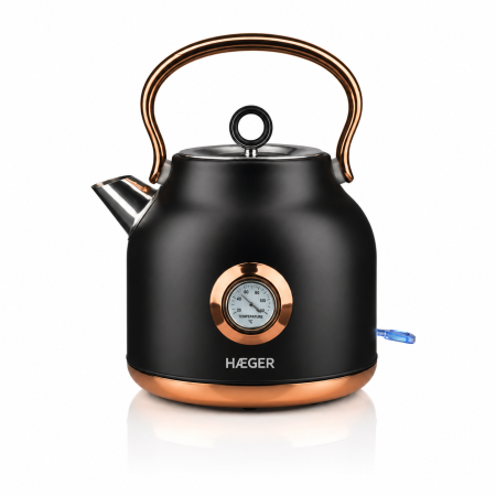 Fierbatoare - Fierbator retro HAEGER ART DECO BLACK, Capacitate 1.7L, Putere 2200W, Afisaj temperatura si baza rotativa 360 grade, Protectie la supraincalzire, Negru/Auriu