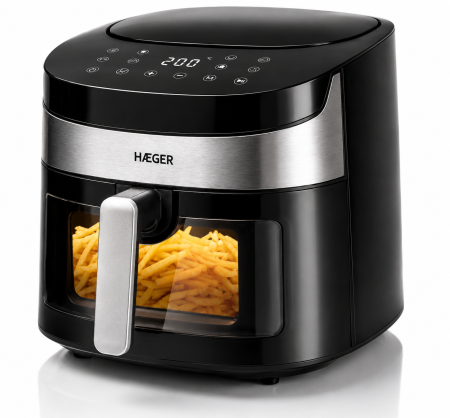 Friteuze - Friteuza cu aer cald HAEGER AIR BANQUET, 1800W, Capacitate 8L, 8 programe, Control digital, Tehnologie aer cald 360 grade, Cuva antiaderenta, Timer, Neagra