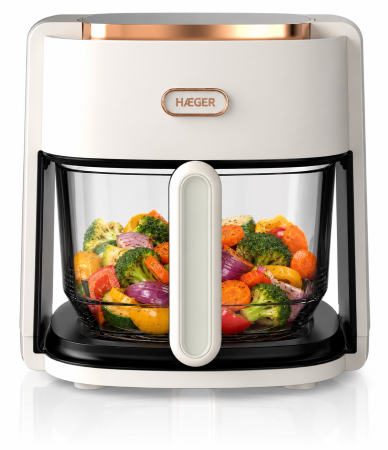 Friteuze - Friteuza cu aer cald HAEGER AIR GLASS, 1200W, Cuva din sticla 4.5L, 8 programe, Timer, Gatire sanatoasa cu aer cald 360 grade, Cuva usor de curatat, Crem
