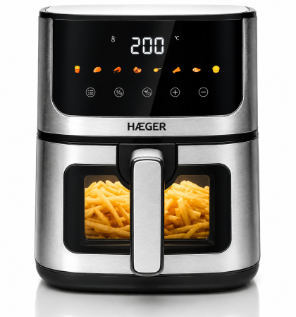 Friteuze - Friteuza cu aer cald HAEGER MAGIC WINDOW, 1200W, Capacitate 4.7L, 8 programe, Control Digital, Gatire sanatoasa fara ulei, Fereastra de vizualizare, 60 min timer, cuve lavabile, Negru / Argintiu