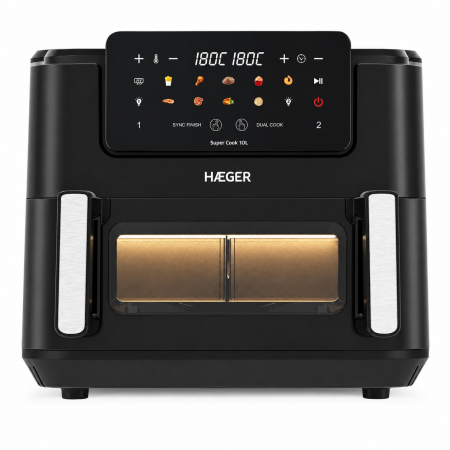 Friteuze - Friteuza dubla cu aer cald HAEGER SUPER COOK, 2600W, Capacitate 10L, despartitor cuve detasabil 2x5L, 10 programe, ecran tactil, Cuve detasabile lavabile, gatire fara ulei cu aer cald 360, Negru